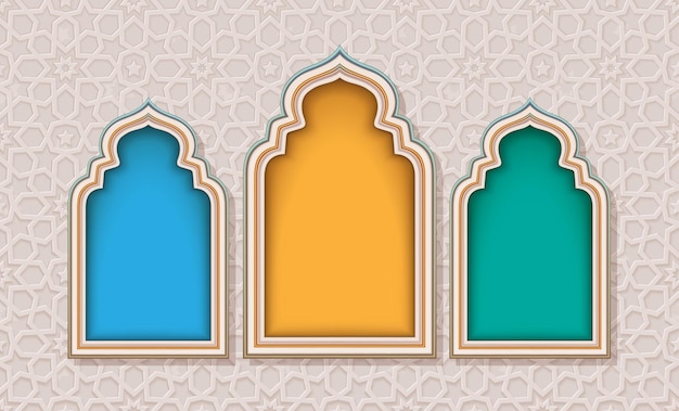 Design moderno di finestre e archi ramadan mubarak con disegno arabesco