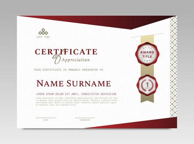 Modello di certificato rosso e oro dal design moderno con semplice elegante e lussuoso in formato a4 orizzontale