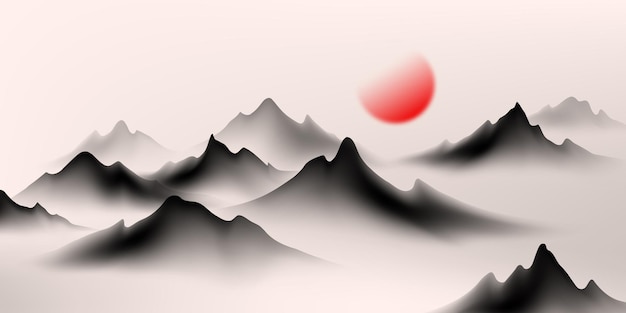 Modern design vector illustration of beautiful Chinese ink landscape painting