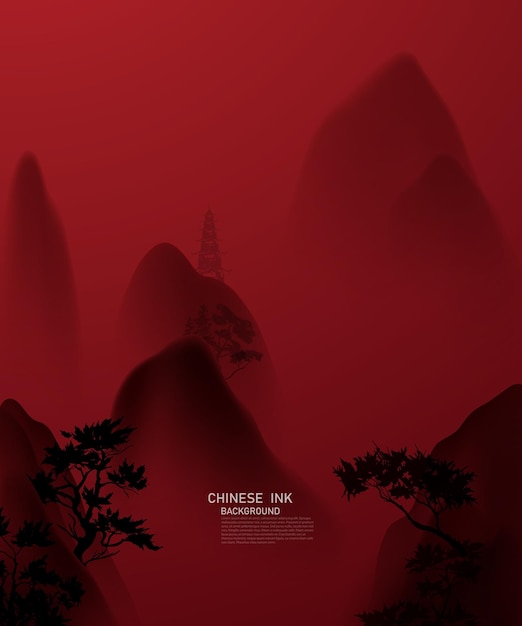 Modern design vector illustration of chinese ink landscape painting on gorgeous red background