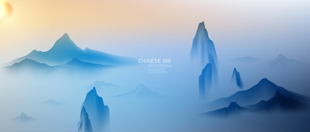 ゴージャスな中国のインク風景画のモダンなデザインのベクトル図