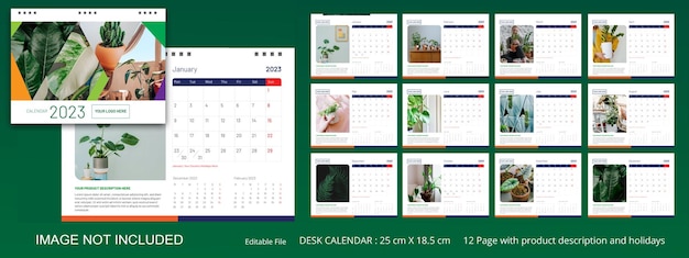 제품 설명 및 공휴일을 포함하는 12개의 월간 페이지가 있는 Modern Desk Calendar 2023