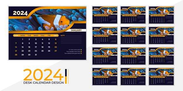 Вектор Шаблон дизайна современного настольного календаря 2024
