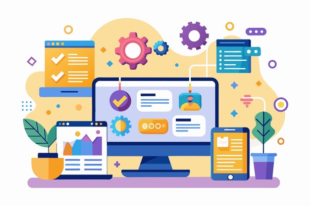 a modern desk setup featuring a computer tablet phone and plant design a userfriendly interface with customizable widgets for scheduling and automation