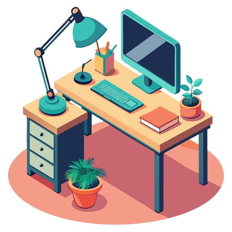 Vector a modern desk setup with a computer lamp and plants