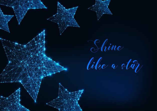 Modern digital glowing stars made of lines, dots, triangles and text on dark blue.