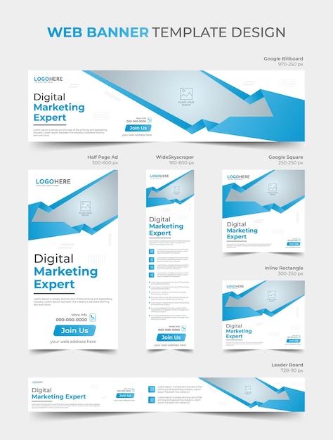Современный шаблон веб-баннера агентства цифрового маркетинга, набор дизайна баннера для продвижения в социальных сетях
