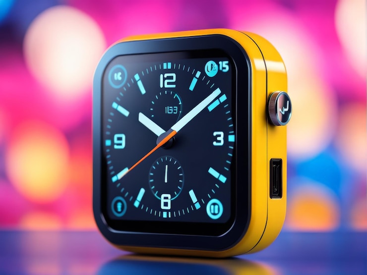 Vector modern digital smart watch on color background close up