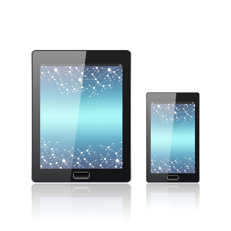 Vector modern digital tablet pc with mobile smartphone isolated on the white molecule and communication bac