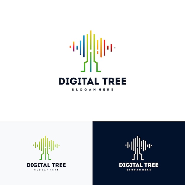 Il moderno logo dell'albero digitale progetta il vettore concettuale, il vettore simbolo del logo dell'albero tecnologico