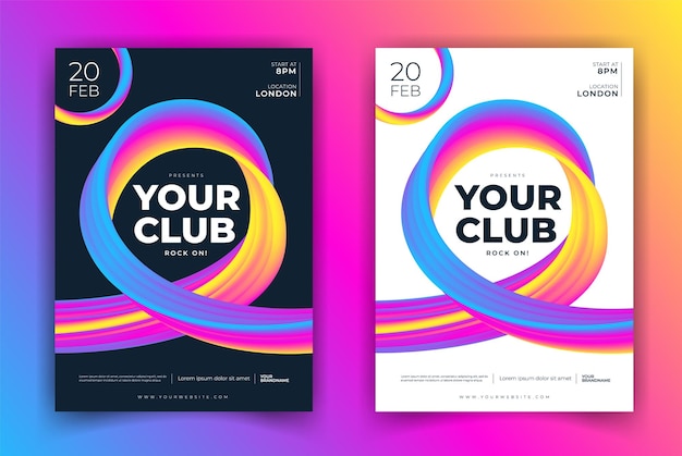 Vector modern dj music party club poster or 3d colorful flow shapes electronic flyer design