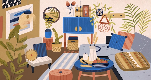 modern domestic interior of living room vector graphic illustration comfortable couch with pillow armchair coffee table and houseplant cosiness cartoon apartment design