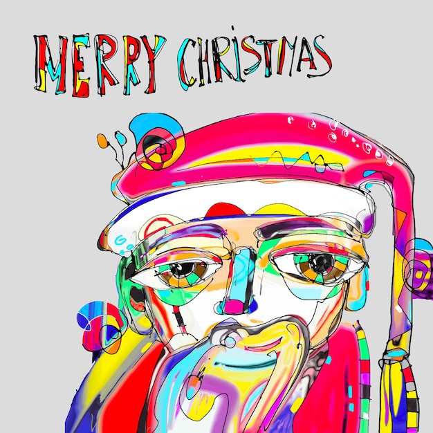 Modern doodle drawing portrait of santa claus in contemporary abstraction painting art style with hand lettering inscription merry christmas, vector illustration