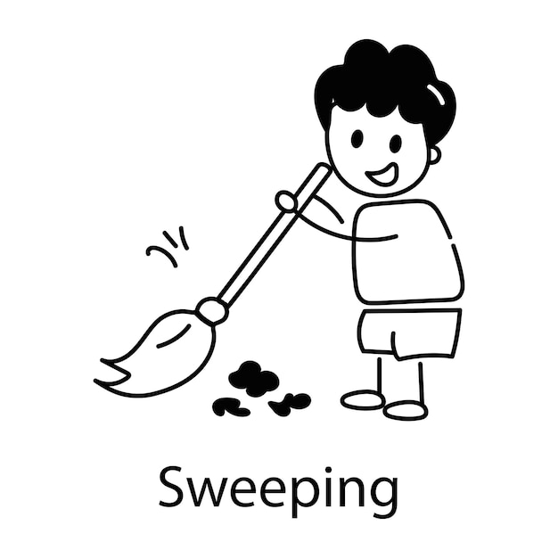 Modern doodle icon of kid sweeping floor