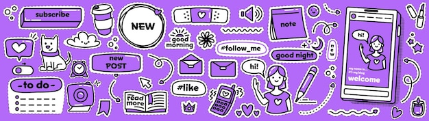 소셜 미디어를 위한 현대적인 낙서 스티커. 벡터 컬렉션입니다. 가장 귀여운 패치 세트. 보라색과 흑백 색상으로 귀여운 아이콘을 스케치합니다.