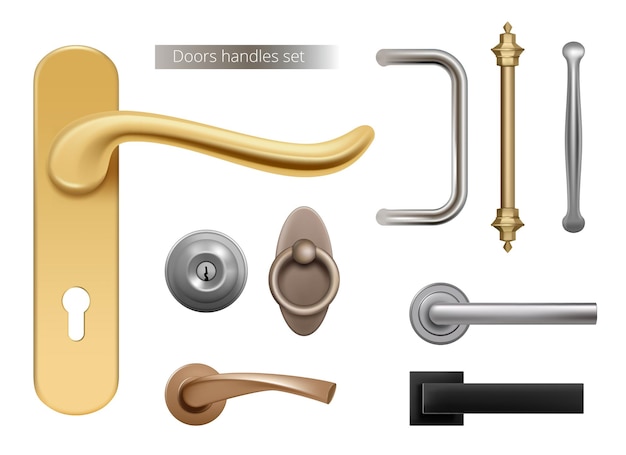 Modern door handles. Silver and golden metal furniture handles for opened room doors interior elements  realistic. Handle door, lock and knob illustration