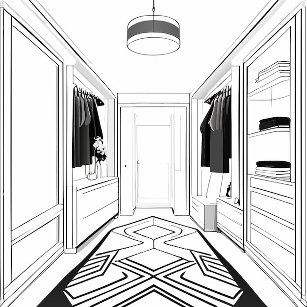 モダンなドレッシングルーム インテリアの視点 詳細なベクトルイラスト ラインアート