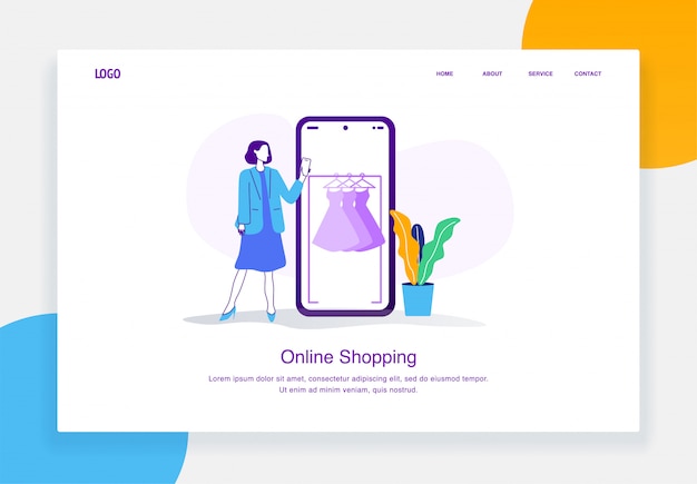 Modern  e-commerce illustration concept of standing woman choosing dress from  catalog online shopping for landing page template