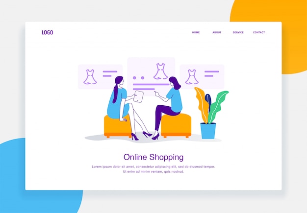 Modern  e-commerce illustration concept of two women are choosing dress from  catalog online shopping for landing page template