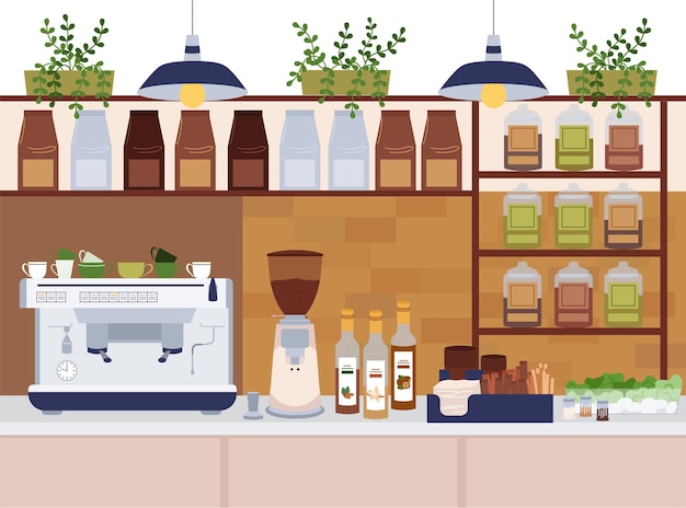 Vector modern eco cafe flat composition with indoor front view of kitchen range with coffee making machine vector illustration