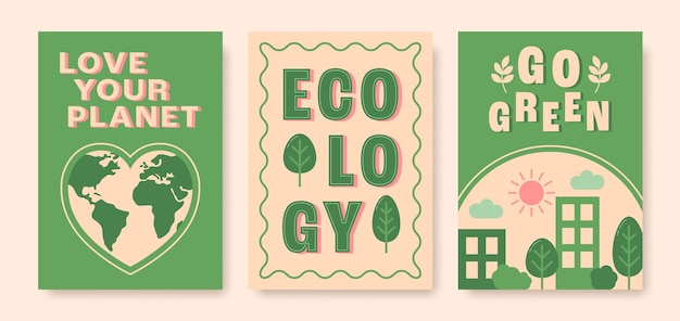 Posters moderni di ecologia con testo in stile piatto ama il tuo pianeta, diventa verde frasi positive