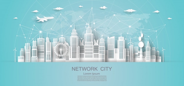 modern economic technology city network in downtown skyscraper.