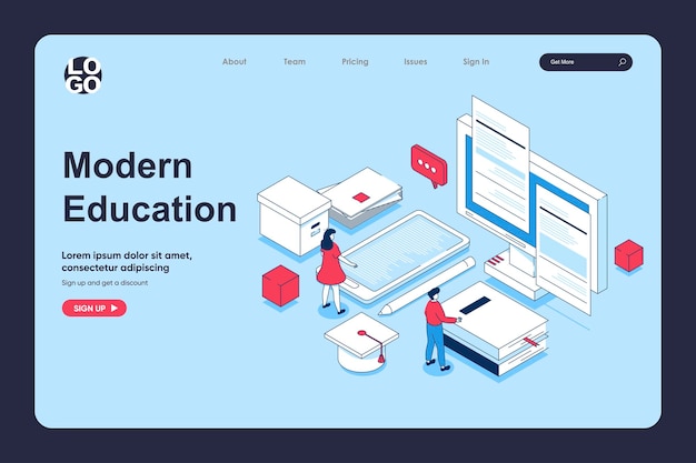 ベクトル ランディング ページ テンプレートの 3 d アイソメ デザインの現代教育コンセプト自宅で学習電子ブックを読む人々 オンラインでウェビナーやビデオ講義をコンピューターで見て web 用ベクトル図