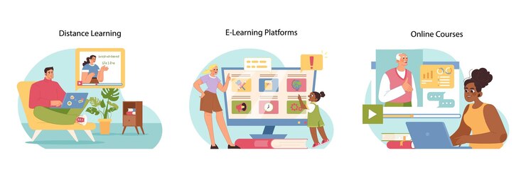 Vector modern education set various people study engaging scenes of distance learning elearning platforms