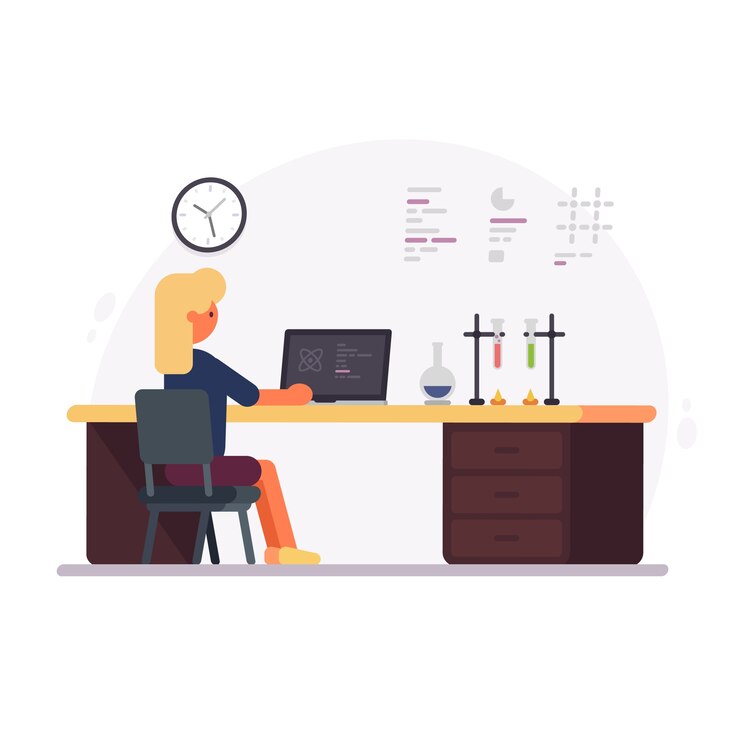 Vector modern education, student in chemistry lab. flat design vector illustration