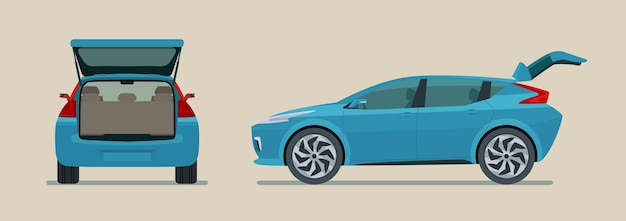 Modern electric car with open trunk isolated, side and back view flat style illustration