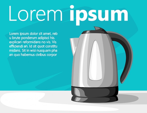 Vector modern electric kettle on gray table black plastic and stainless steel with place for your text  illustration on turquoise background