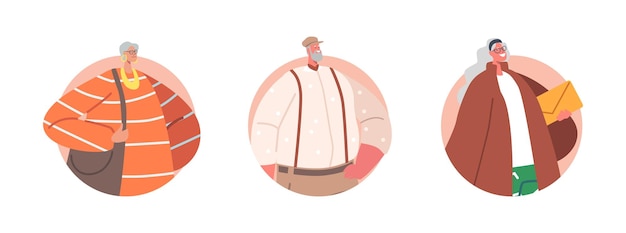 Modern and Elegant Aged Pensioners Round Icon or Avatars Trendy Old Male and Female Characters Wear Fashionable Clothes Isolated Stylish Senior Men or Women Cartoon People Vector Illustration
