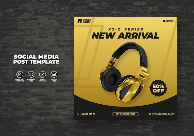 MODERN AND ELEGANT BLACK GOLD COLOR WIRELESS HEADPHONE BRAND PRODUCT FOR SOCIAL MEDIA TEMPLATE BANNER