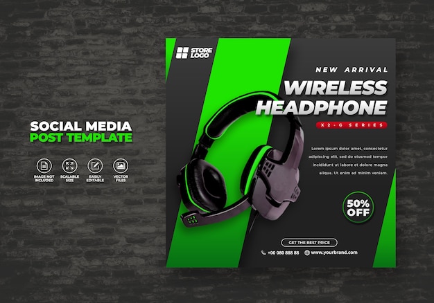 Modern and elegant black green color wireless headphone brand product for social media template banner