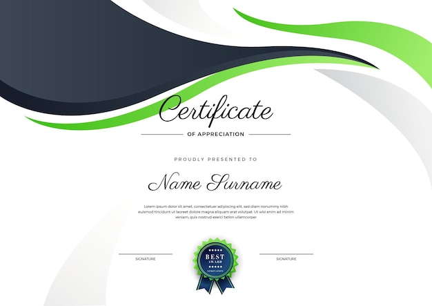 Modern elegant black and green diploma certificate template certificate of achievement border template with luxury badge and modern line pattern for award business and education needs