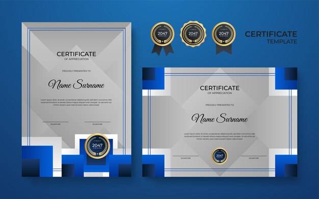 Modern elegant blauw en goud diploma certificaat sjabloonontwerp. blauw en goud certificaat van prestatie grens sjabloon met luxe badge en modern lijnpatroon. voor prijzen, zaken en onderwijs