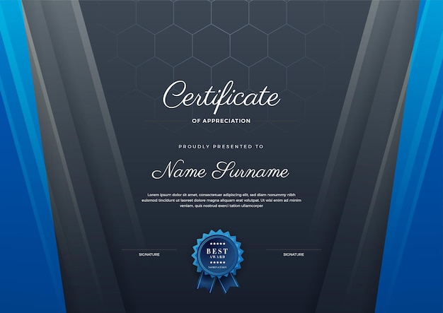 Modern elegant blue and black diploma certificate template Certificate of achievement border template with luxury badge and modern line pattern For award business and education needs