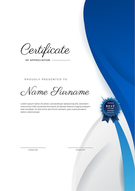 Modern elegant blue and black diploma certificate template Certificate of achievement border template with luxury badge and modern line pattern For award business and education needs