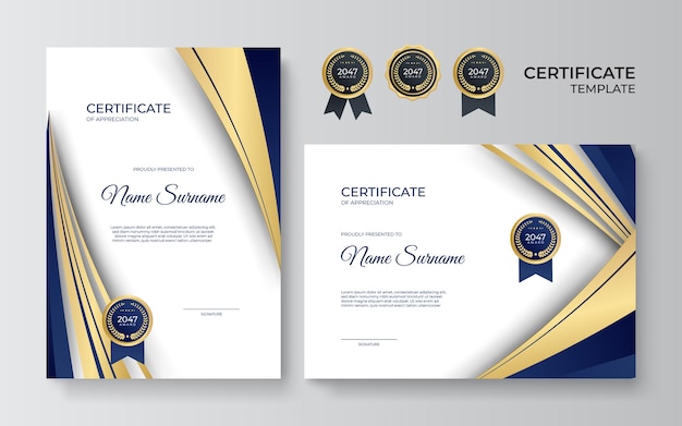 Modern elegant blue and gold business certificate template. certificate template with luxury pattern. vector illustration with premium badges design, vintage badges and labels.