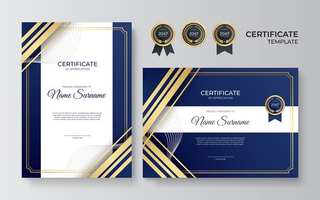 Modello moderno ed elegante di certificato aziendale blu e oro. modello di certificato con motivo di lusso. illustrazione vettoriale con design di badge premium, badge vintage ed etichette.