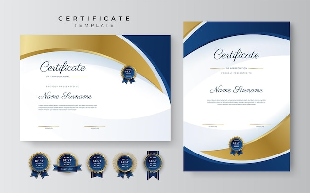 Modello di certificato di conseguimento moderno ed elegante blu e oro con badge e bordo in oro progettato per la scuola universitaria e aziendale con premio diploma