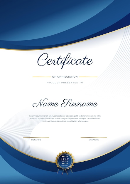 Vector modern elegant blue and gold certificate of achievement template with gold badge and border designed for diploma award business university school and corporate