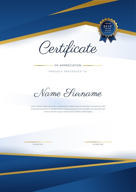 Современный элегантный сине-золотой шаблон сертификата о достижениях с золотым значком и рамкой. Предназначен для получения диплома бизнес-университетской школы и корпоративного
