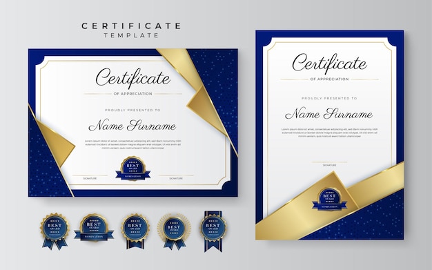 Modello di certificato di conseguimento moderno ed elegante blu e oro con badge e bordo in oro progettato per la scuola universitaria e aziendale con premio diploma