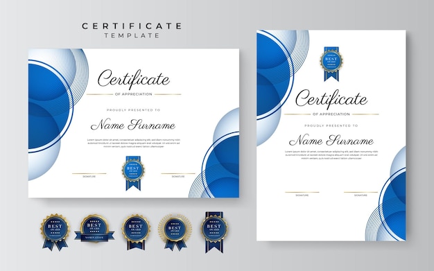 Modern elegant blue and gold certificate of achievement template with gold badge and border designed for diploma award business university school and corporate