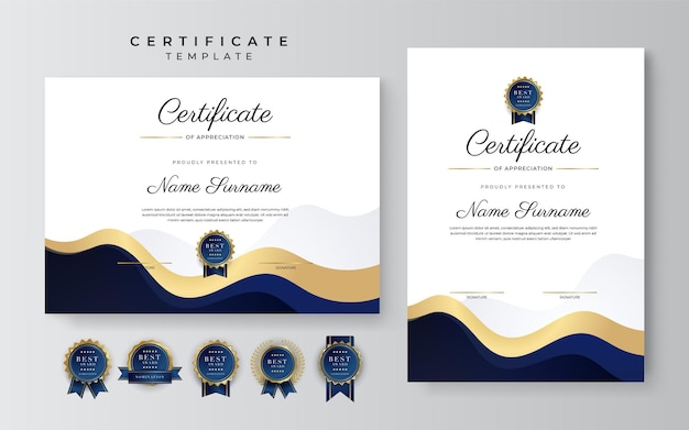 Modello di certificato di conseguimento moderno ed elegante blu e oro con badge e bordo in oro progettato per la scuola universitaria e aziendale con premio diploma