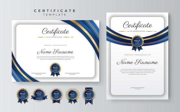 Современный элегантный сине-золотой шаблон сертификата о достижениях с золотым значком и рамкой. Предназначен для получения диплома бизнес-университетской школы и корпоративного