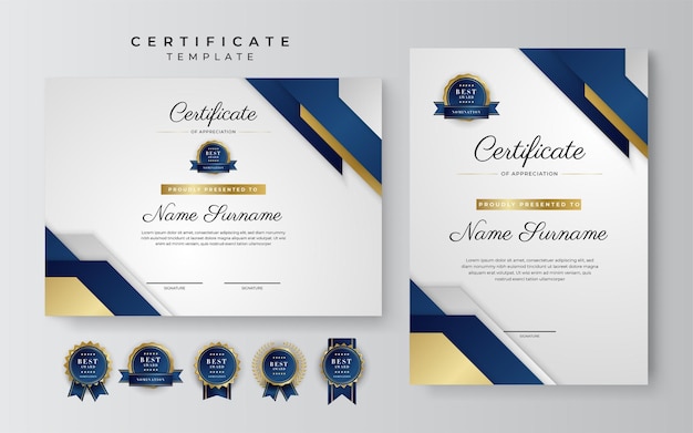 Modern elegant blue and gold certificate of achievement template with gold badge and border Designed for diploma award business university school and corporate