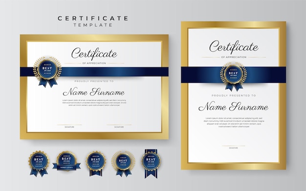 Modern elegant blue and gold certificate of achievement template with gold badge and border Designed for diploma award business university school and corporate