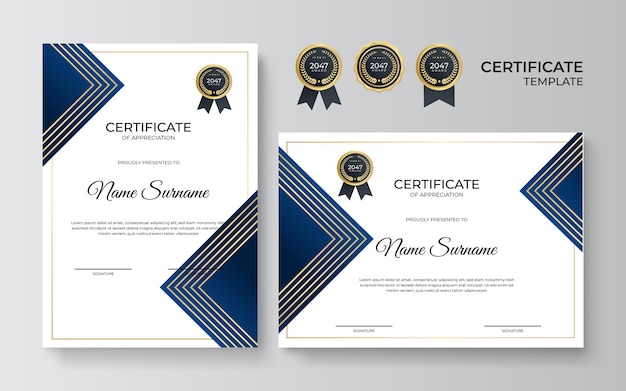 Modello di certificato moderno ed elegante blu e oro